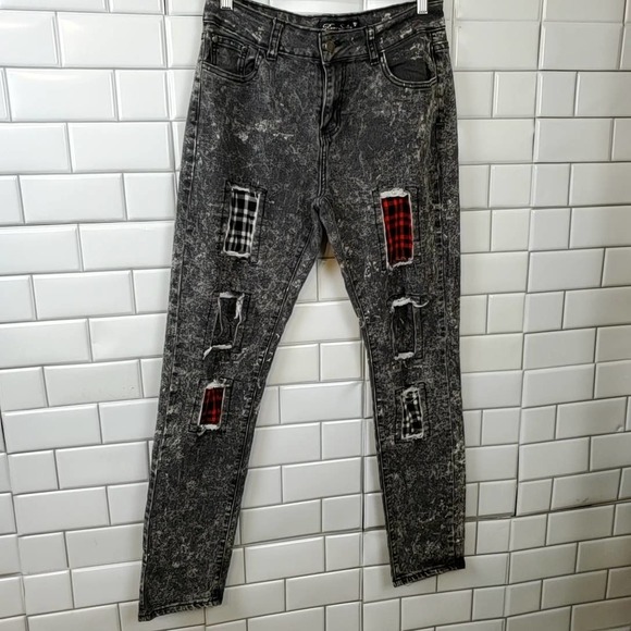 ROMA STUDIO | GINGHAM CHECKERED PATCHWORK BLACK WASHED DENIM JEANS SIZE MEDIUM - Picture 14 of 15